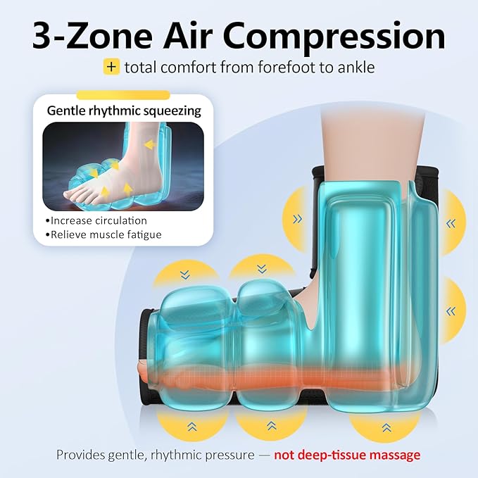 Comfytemp Air Compression Therapy Device K1007 Portable Foot Massager with Heat Cordless Ankle Massage Boot for Pain Relief and Circulation Ideal for Men Women Seniors (Fit Size 6 to 10)