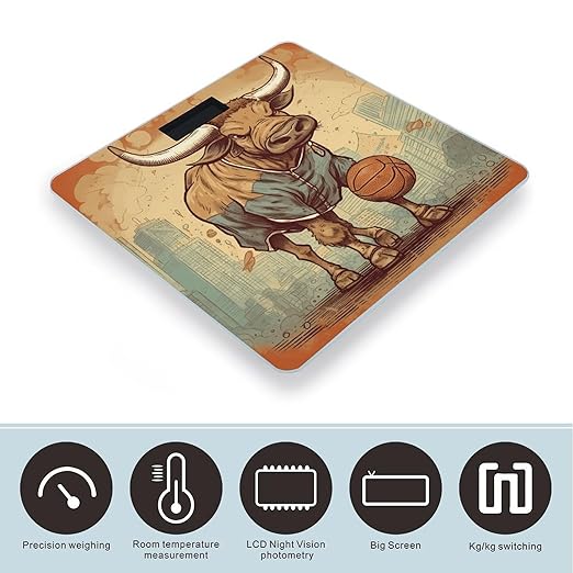 Hand Drawn Bull Pattern Scale for Body Weight Anti-Slip Tempered Glass Digital Bathroom Scales Clear LCD Display Weighing Scale Safe Rounded Corners Smart Scales