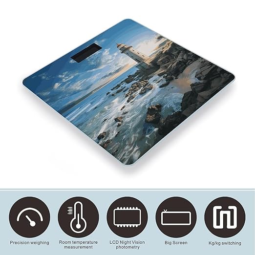 Beach Lighthouse Bathroom Scale for Body Weight Bathroom Digital Electronic Weighing Scale with Back Lit LED Display Sturdy Tempered Glass Weight Watchers Scales 400lb