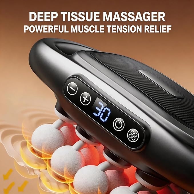 Deep Tissue Massage Gun 16 Head Percussion Massager with Heat &amp 3 Modes 30 Adjustable Intensities Low Noise Portable Electric Massager for Muscles Back Waist Legs
