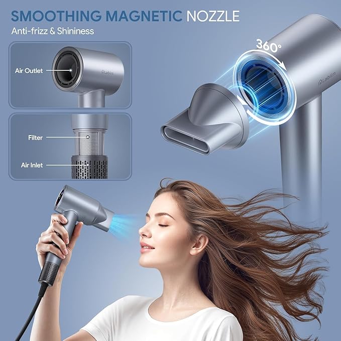 Hair Dryer High-Speed Ionic Low Noise Blow Dryer with Brushless Motor for Fast Drying Thermo-Control Quiet Compact Hair Blow Dryer Hairdryer with 1 Nozzle Attachments for Home Salon Travel
