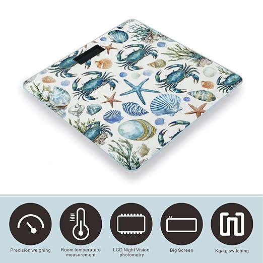 Energy Saving Scale Bathroom Weighing Scale Smart Scale for Body Weight Digital Under Sea Ocean Starfish Shell Coral Crab Watercolor