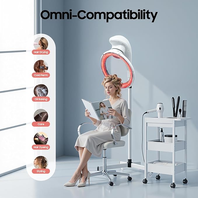Vertical Hair Dryer wirh Wheel Professional Infrared Standing Hair Color Processor 360° Rotation Salon Standing Hair Dryer Heater with Height Time Adjustment LCD Screen for Home Salon (Whit)
