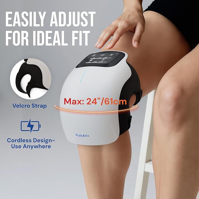 Heated Knee Massager with Red Light &amp Vibration 3 Heat &amp 3 Vibration Levels Memory Function Cordless 3000mAh Rechargeable LED Touch Panel Auto 10-Min Shut-Off USB-C Charger White