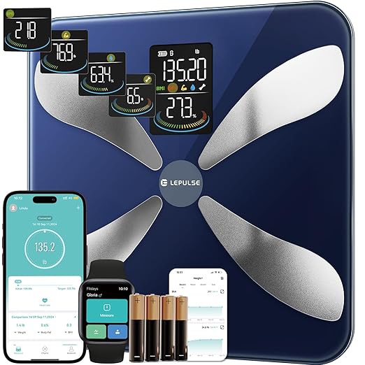 Lepulse Smart Weight Scale with BMI Body Fat Muscle Mass Updated X-Shaped Electrode Scale for Body Weight and Fat Percentage 13 Body Composition Scale Large Display Digital Bathroom Scale with App