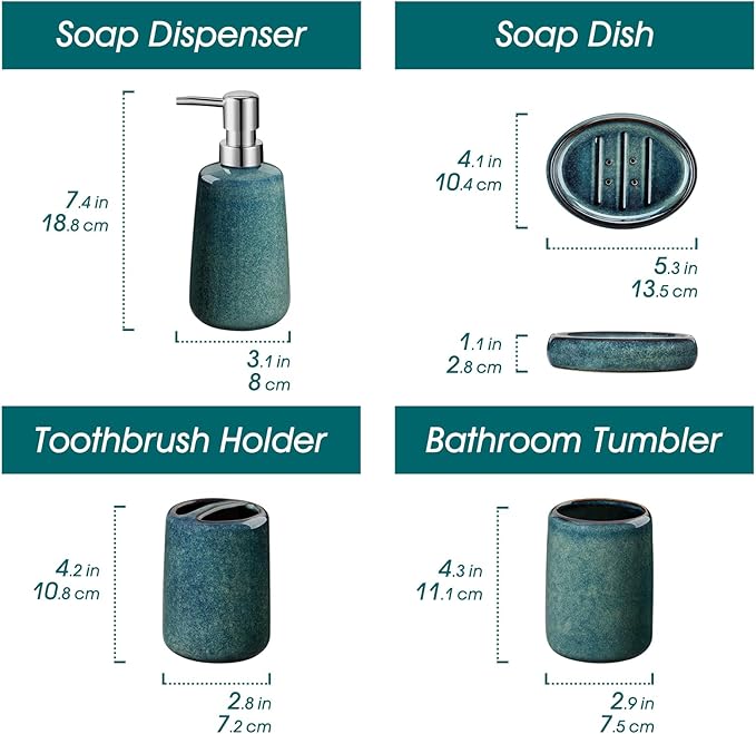 vancasso Green Bathroom Accessories Set Ceramic Soap Dispenser and Toothbrush Holder Sets Stoneware 4 Pcs Bathroom Sink Set for Modern Home Decor Series Starry