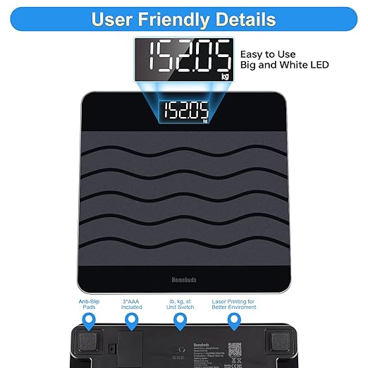 Homebuds 600lb Scale for Body Weight Precision 0.1lb by Our Professional Factory Since 2001 Digital Weight Scale and BMI Via Smart APP 8mm Non Slip Tempered Glass 12.4 * 12.4in LED Black