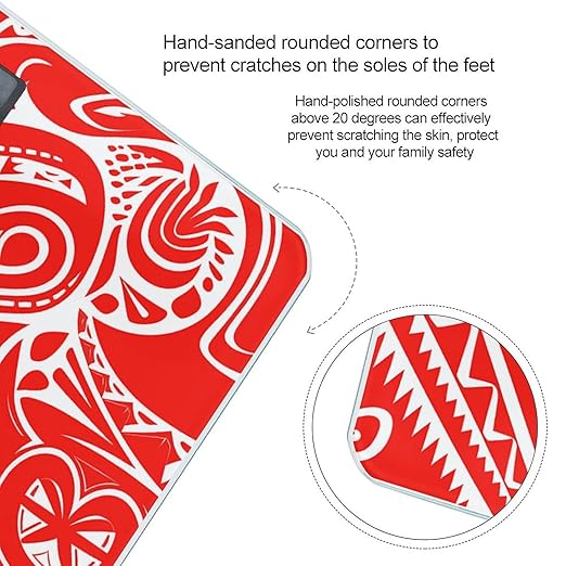 White and Red Tribal Pattern Scale for Body Weight Anti-Slip Digital Bathroom Scale Sturdy Toughened Glass Weighing Scales High Precision Safe Rounded Corners Smart Scales