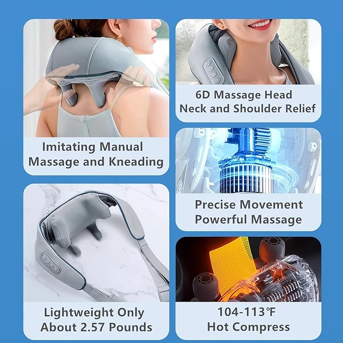 Neck Cervical Massager for Neck Pain ReliefNeck Massagers for Neck and Shoulder with Heat Portable Shiatsu Neck and Back Heated Massager Mini Masajeador Muscular (Grey)