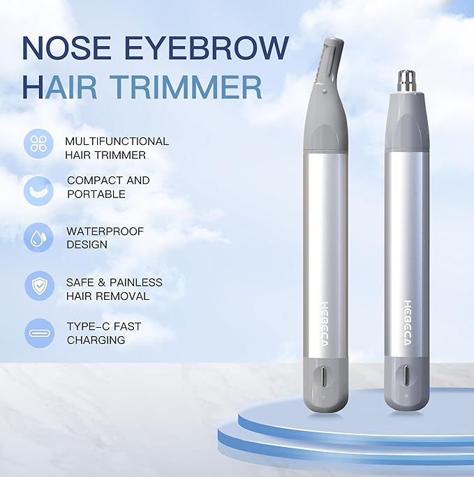 Nose Hair Trimmer for Men Women 2in1 Facial Hair Removal Trimmer - Metal Body Rechargeable Waterproof Portable - Nose Ear Eyebrow Peach-Fuzz Lips Chin (Silver)