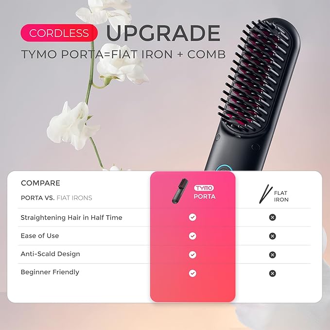 TYMO Cordless Hair Straightener Brush - Porta PRO Portable Straightening Brush for Travel Mini Ionic Hot Comb Straightener for Women Lightweight on-The-go Cordless &amp Fast Charger Dual Power Bl