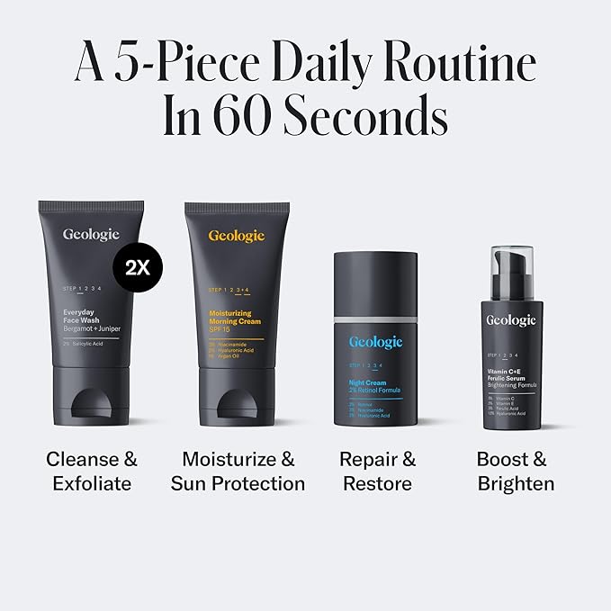 Geologie Skincare Gift Set | 5-Piece Kit Includes 2 Face Washes SPF15 Moisturizer Retinol Cream &amp Vitamin C Serum | Daily Routine for Clear Healthy Skin for Men and Women | Lasts 3 Months