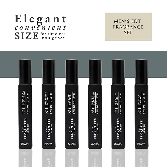 Pecksniff’s Men’s Essentials Fragrance Gift Set – 6x10 ml Eau de Toilette Collection – Luxury Mini Cologne Sampler Designed in England