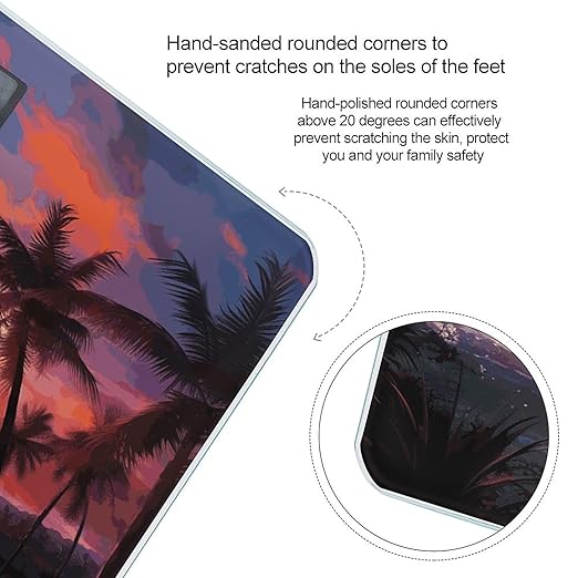 Colorful Tropical Sunset Bathroom Scale Automatic Power On/Off Body Scales LCD Backlight Display Square Digital Scale Rounded Corners Bathroom Scales for Home Bedrooms