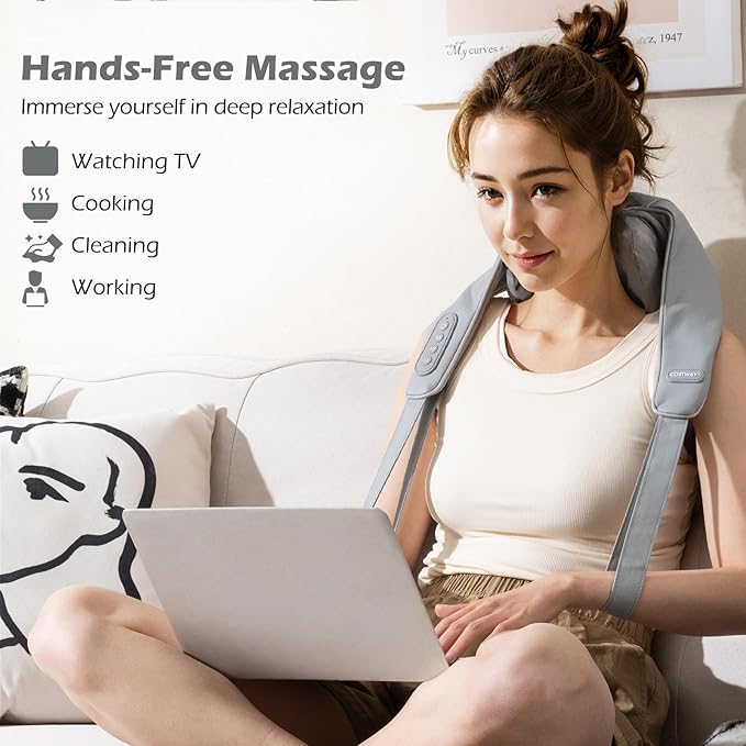 COSTWAY Neck Shoulder Massager with Heat 4D Deep Tissue Kneading Shiatsu Machine for Pain Relief Portable Cordless Neck Back Leg Massager Pillow Gift for Mom Dad Family Women Men (Grey)