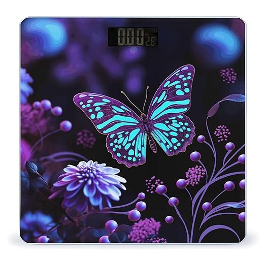Purple Butterfly and Flowers Scale for Body Weight Sturdy Tempered Glass Weighing Scales with LCD Display Accurate Digital Bathroom Scale Convenient Body Fat Smart Scales Easy Read