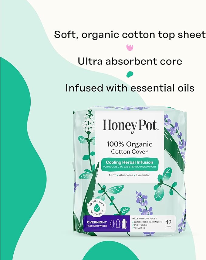 The Honey Pot Company - 48 ct - Herbal Pads for Women - Overnight w/Wings - Infused w/Essential Oils for Cooling Effect &amp Organic Cotton Cover - Feminine Care