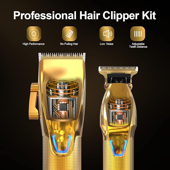 Cordless Hair Clippers for MenProfessional Hair Clippers Trimmer KitBarber Fading Clipper and Zero Gap T-Blade Trimmer Set with LED Display for Mens Gifts(Gold)