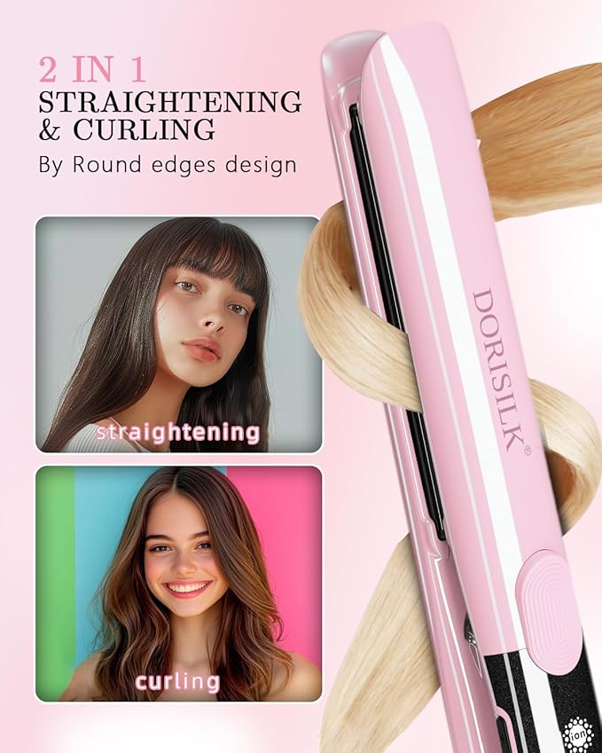 DORISILK 500 Degree High Temp Professional Hair Straightener30s Fast Heating Ceramic Flat Iron 2 in 1 Hair Straightener and CurlerPlasma Flat Iron Get Frizz-Free and Shiny(Pink)