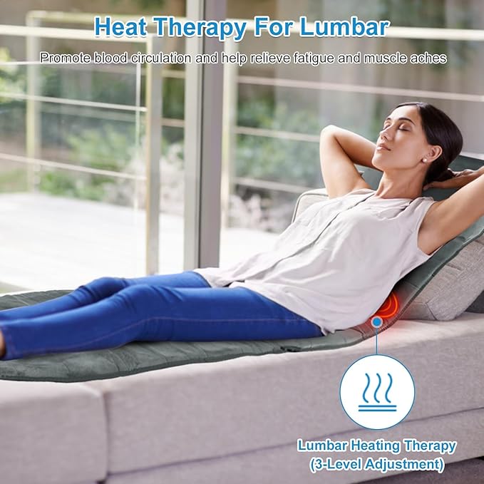 KOCASO Full Body Massage Mat with Heat with Inflatable Head Pillow Electric Vibration Massage Pad Back Massager for Chair 10 Motors 9 Modes 3 Heat Levels Lumbar Pillow for Women Men Home Office Gift