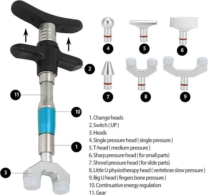 Manual Chiropractic Adjustment Correction Tool for Spine Back Massage Portable Chiropractic Adjustment Tool Adjuster with 6 Massage Heads(Blue)