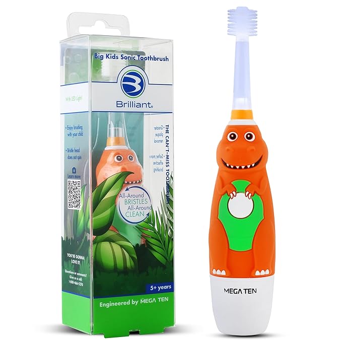 Brilliant Oral Care Kids Sonic Electric Toothbrush with Soft Bristles Round Brush Head LED Light and Timer for Children Ages 5+ Dinosaur
