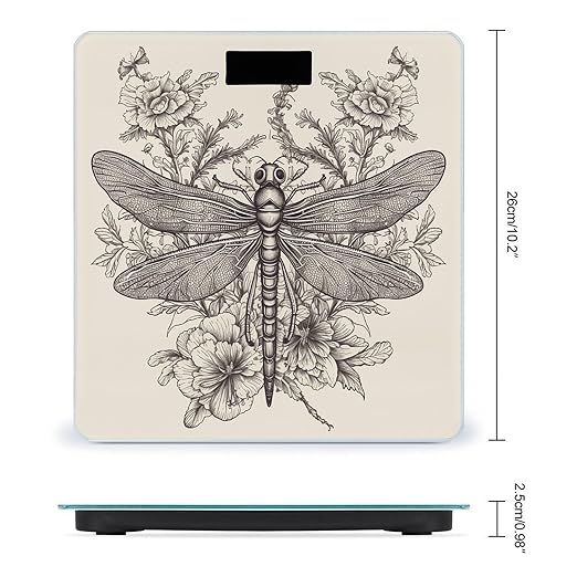 Hand Drawn Floral Dragonfly Scale for Body Weight Highly Accurate Digital Bathroom Scale Sturdy Tempered Glass Weighing Scales with LCD Display Fashion Body Fat Smart Scales 400lb