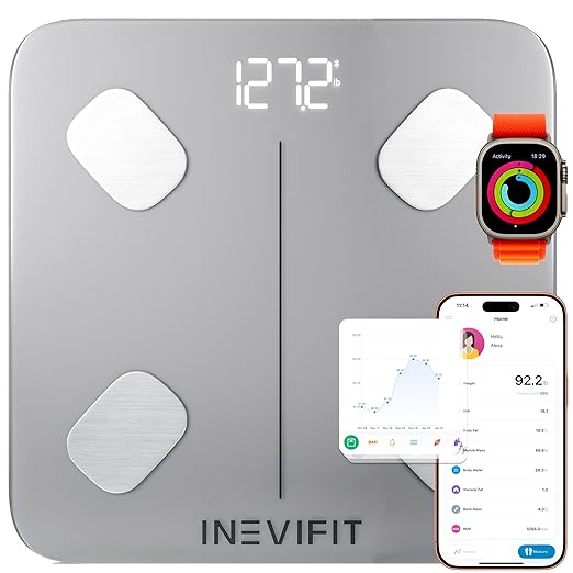INEVIFIT Smart Body Fat Scale Highly Accurate Bluetooth Digital Bathroom Body Composition Analyzer Measures Weight Body Fat Water Muscle Visceral Fat &amp Bone Mass for Unlimited Users (Eco-SIL