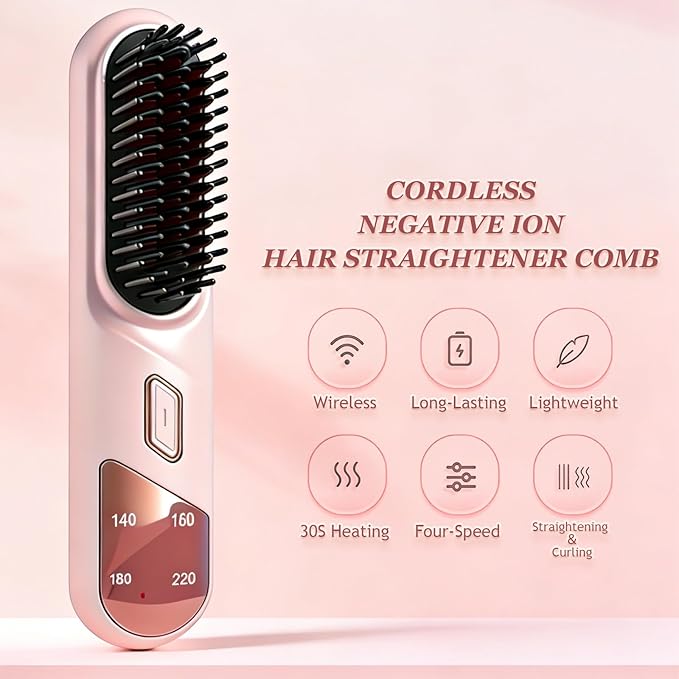 Go Brush Pro Portable Hair Straightener Brush Cordless Negative Ion Hair Straightener Comb 4 Temps Fast Heating MCH Ceramic Coating Multi-Functional Brush for All Hair Types (Black)