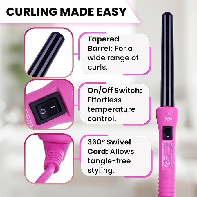 HerStyler Grande Ceramic Curling Iron - 1 inch Pink (Curling Wand for Long Short Hair Dual Voltage Negative Ions Tapered Barrel User Friendly PF30)