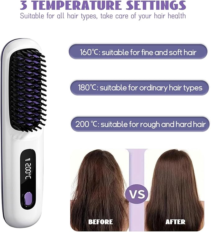Cordless Hair Straightener Brush 7.8 Mini Hair Straightener with LCD Temperature Display Portable Hair Straightener Comb for Travel Negative Ionic Brush Straighteners for Women (White)