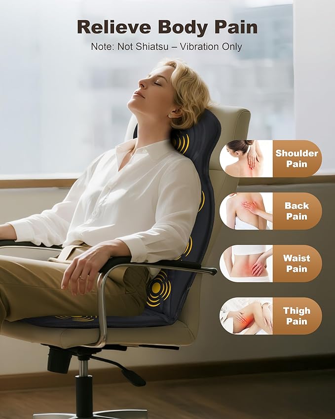Beleduc Back Massager for Chair with Heat Massage Chair Pad for Pain Relief Massage Seat Cushion with 9 Vibration Motors 3 Heating Areas 30/60/90 Minute Timer Home Office Relaxation