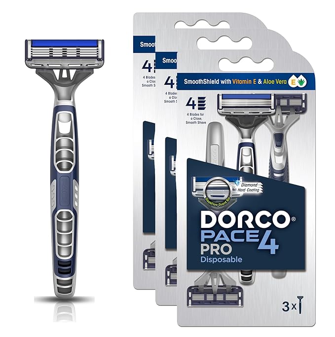 DORCO Pace Pro 4 Disposable Razors 9 pack - Long Lasting 4 Blade Technology with a Precision Trimmer Safety Guard Bar Pivoting Head and Non-Slip Rubber Handle (9 Razors)