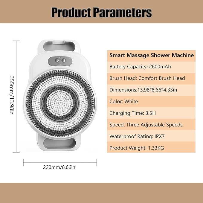 Shower Back Cleaner Wall-Mounted Electric Back Massager 20cm Wide Brush Head 360° Rotation Exfoliation &amp Massage
