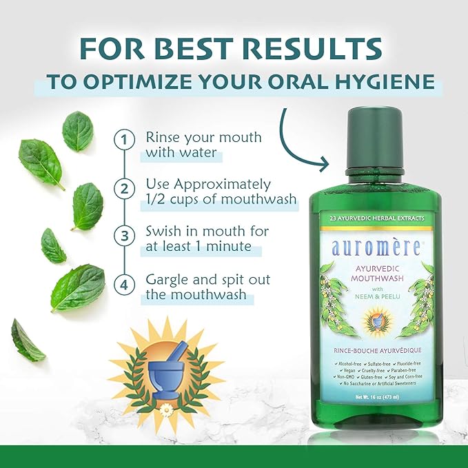 Auromere Ayurvedic Natural Mouthwash for Adults &amp Kids - Alcohol Free Mouthwash for Bad Breath Fluoride Free Neem Oral Rinse Support for Teeth Gums &amp Fresh Breath Vegan Non-GMO- 16 Fl Oz