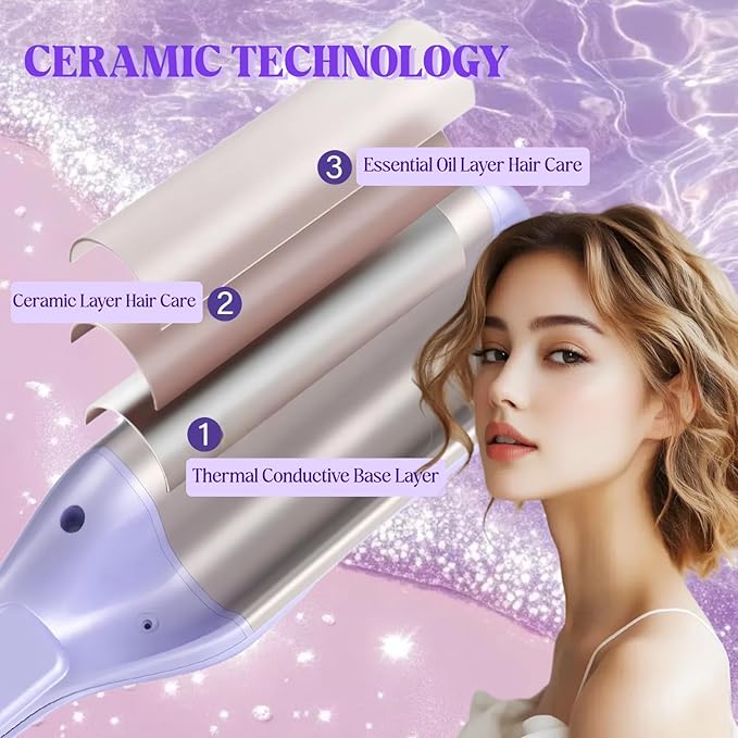 Hair Styling Tool with Negative Ionic Technology 2025 French Wave Curling Iron 3D Curling Iron for Women Fast Heat 4 Gears Lasting Beach Waves (Purple)