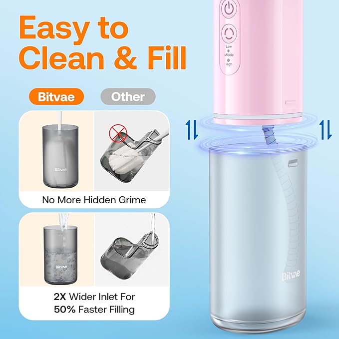 Bitvae P1 Water Flosser for Teeth Portable Mini Water Flosser Cordless Water Teeth Cleaner Picks with Telescopic Water Tank Type-C Rechargeable Oral Irrigator for Travel &amp Home (Pink)