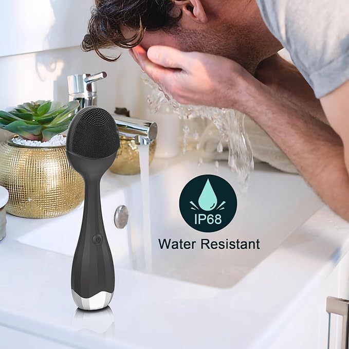 Perry Ellis 4-Speed Facial Cleansing Brush for Men Silicone Face Scrubber &amp Exfoliating Tool with Cooling Plate IPX6 Waterproof Electric Face Cleanser USB Rechargeable 5-Hour Battery