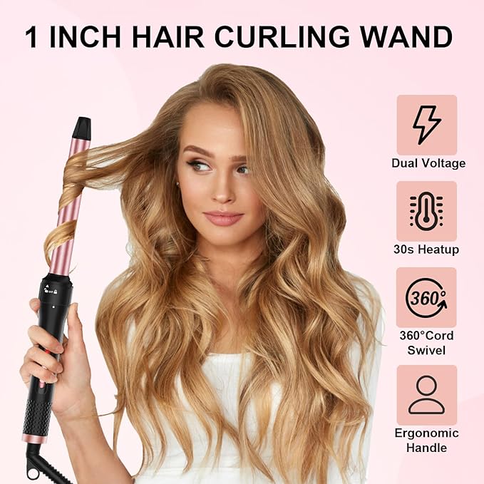 Curling Iron 1 Inch Professional Long Barrel Hair Curling Wand with 2 Heat Settings Ceramic Coating Barrel Curler Wand for All Hair Types Include Heat Protective Glove &amp 2 Clips