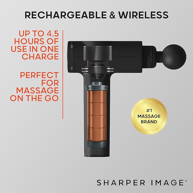 Sharper Image Deep Tissue Percussion Massage Gun Powerboost Rechargeable Handheld Massager 6 Adjustable Speeds 5 Attachment Heads &amp Carrying Case Full Body Muscle Pain Relief Black