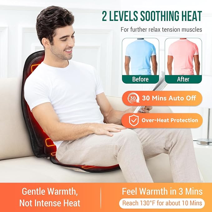 Snailax Vibration Back Massager with Heat Massage Seat Cushion with 6 Vibrating Motors and 2 Heat Levels Massage Chair Pad for Home Office use Gifts for Him Her