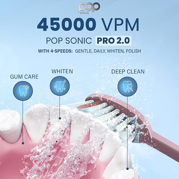 Pop Sonic Pro 2.0 Electric Toothbrush (Pink) Rechargeable Sonic Toothbrush with 45000 Vibrations Per Minute &amp 4 Cleaning Modes for Adults &amp Kids with Long Lasting Dupont Nylon Bristles
