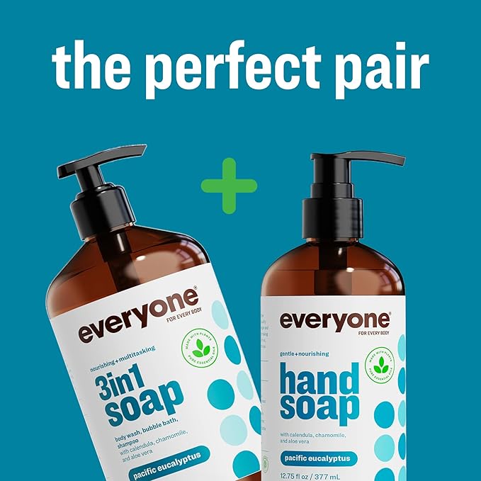 Everyone 3-in-1 Soap Body Wash Bubble Bath Shampoo 32 Ounce (Pack of 2) Pacific Eucalyptus made with Essential Oils for Men and Women