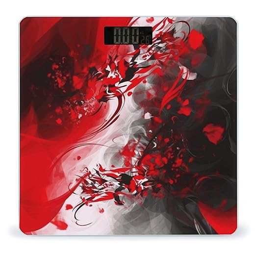 Red Black White Abstract Weight ScaleClear LED Display Bathroom Digital Weighing ScaleTempered Glass Digital Bathroom Scale for Body Weight Capacity Up to 400 Lbs