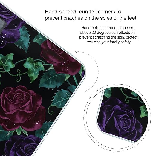 Dark Floral Pattern Weight ScaleClear LED Display Bathroom Digital Weighing ScaleTempered Glass Digital Bathroom Scale for Body Weight Capacity Up to 400 Lbs