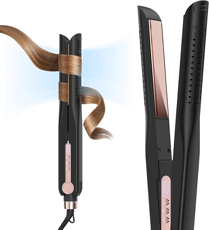 SKIMI Airflow Styler 2.0 Titanium Flat Iron Hair Straightener &amp Curling Wand 96 Cool Air Vents for 48H Lasting Style Dual Voltage for Travel &amp Home Anti-Tangle 5 Temps (Black &amp Blush).