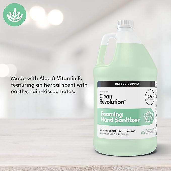 Clean Revolution Foaming Hand Sanitizer 128 Fl. Oz Refill Supply Container | Eliminates 99.9% of Germs |Gentle &amp Aloe Enriched | 70% USP Medical Grade Ethanol Medical Facility Compliant