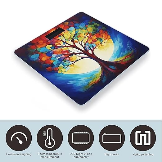 Colorful Tree of Life Scale for Body Weight Safe Rounded Corners Tempered Glass Digital Bathroom Scale LED Display 400lb Capacity Weight Scales with High Precision Sensors