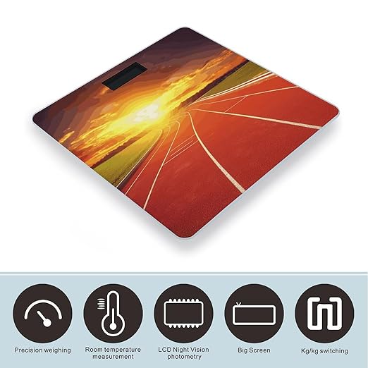 Running Track Sunset Scale for Body Weight Anti-Slip Sturdy Tempered Glass Weighing Machine Highly Digital Accurate Bright LCD Bathroom Scale for Household Gift