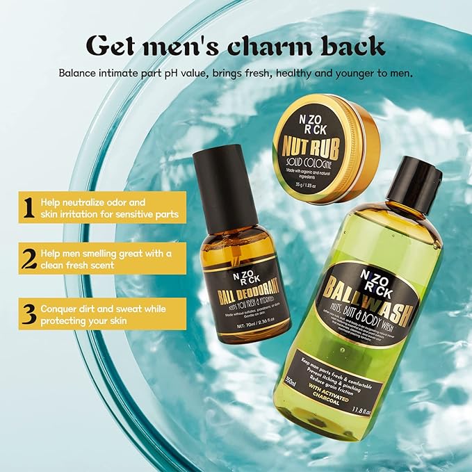 Ball Deodorant for Men Mens Ball Wash Kit Natural &amp Organic Ball Wash Lotion+Ball Deodorant Spray+Anti-Chafing Nut Balm Cream to Stay Fresh Dry &amp Moisturized All Day
